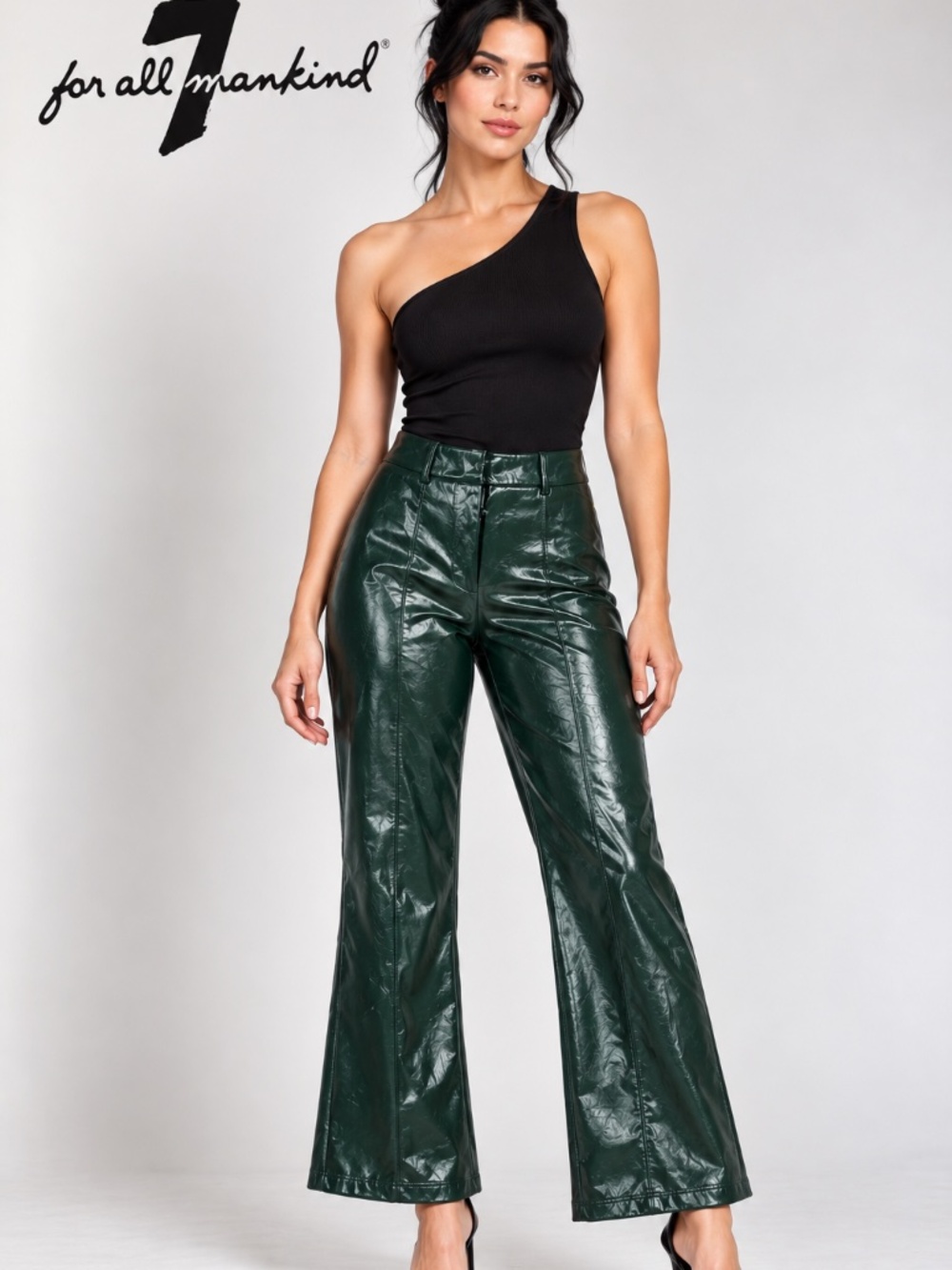 7 For All Mankind Liquid Shiny Faux Leather Flare Pants in dark green